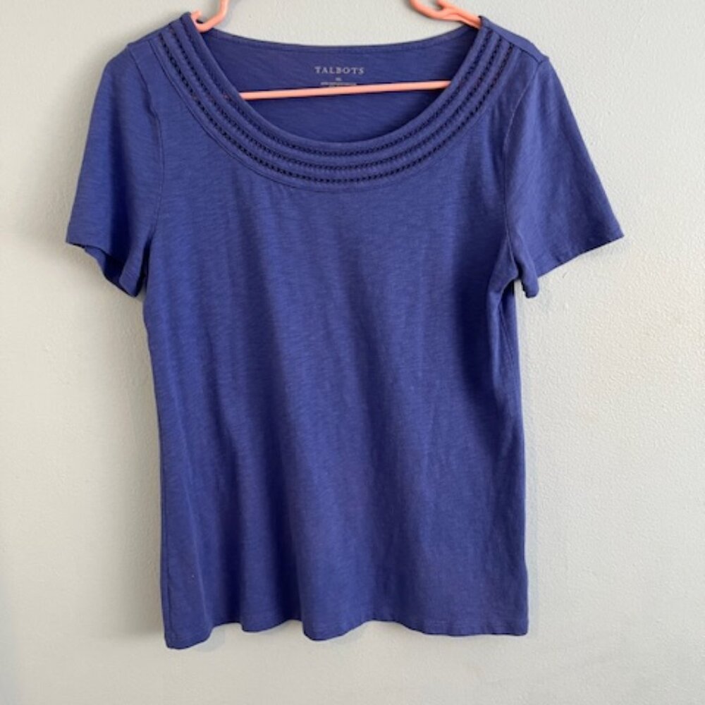 Talbots periwinkle knit top with openwork at neck